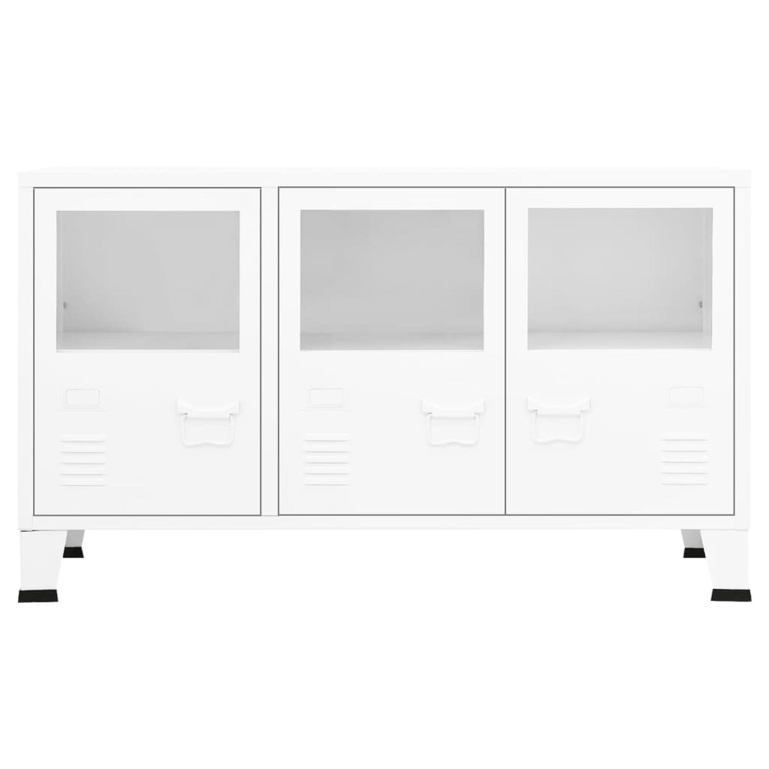 Weißer Schrank mit drei Glastürfächern und schwarzen Beinen.