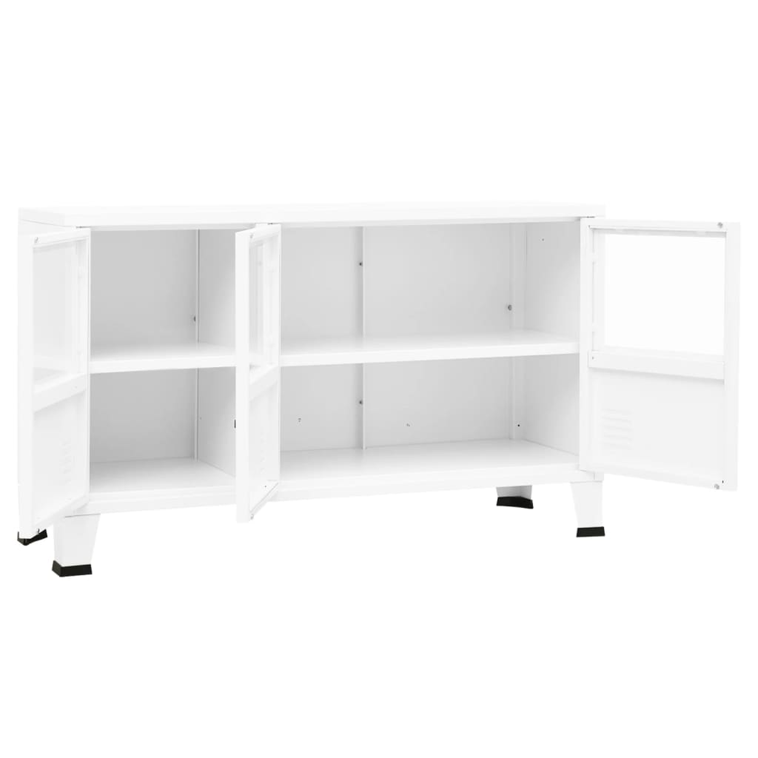 Weißer Schrank mit Glastüren. Es hat Regale im Inneren. Die Türen sind geöffnet und zeigen das Innere.