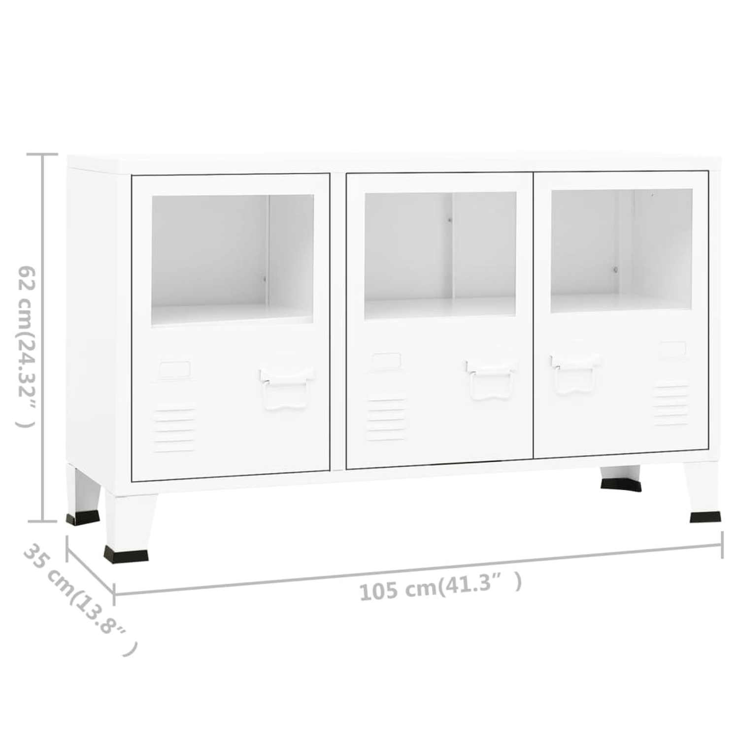 Weißer Schrank mit Glastüren und Metallbeinen. Abmessungen in cm und Zoll angegeben.