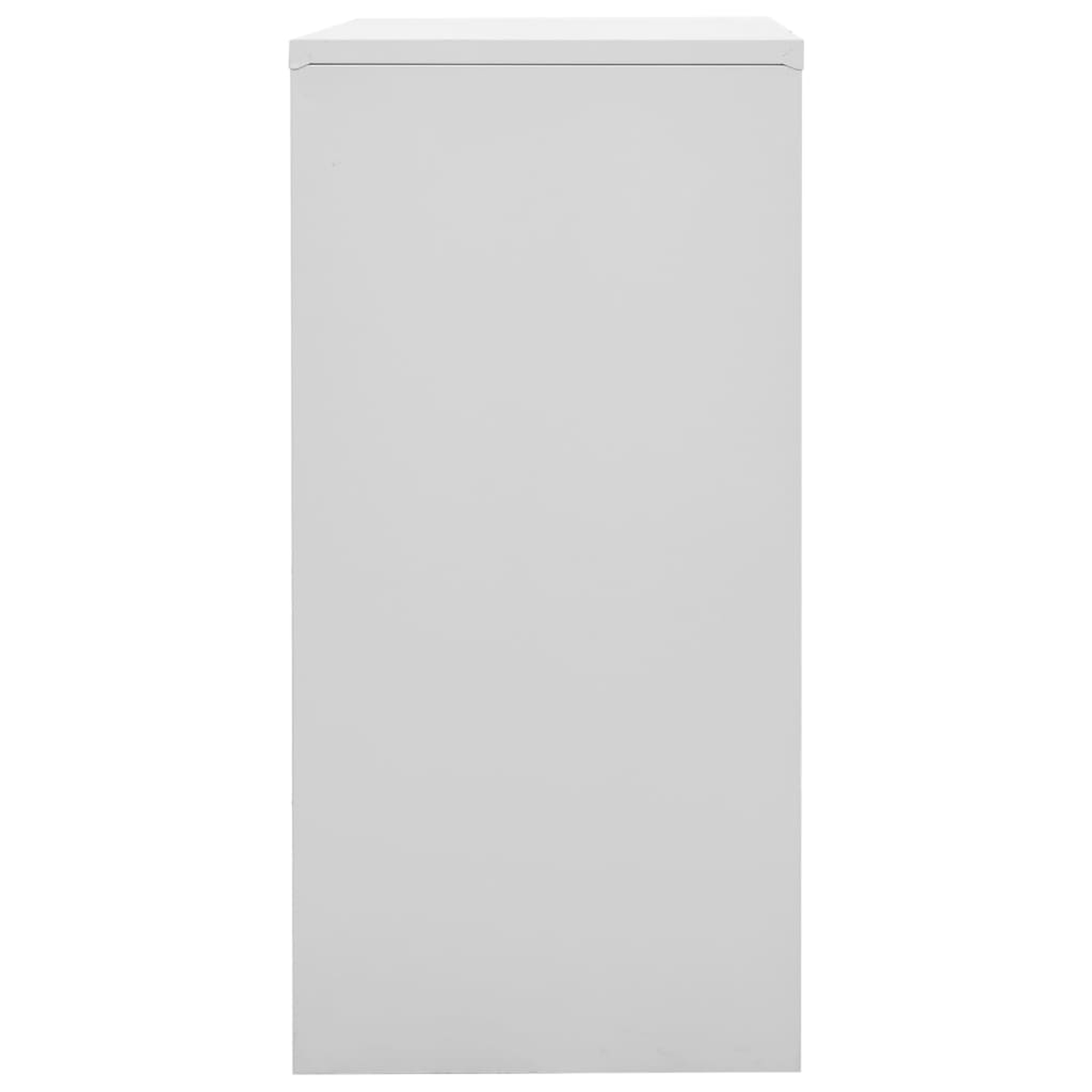 Ein weißer, rechteckiger Schrank, schlichte Front. Der Schrank steht aufrecht.