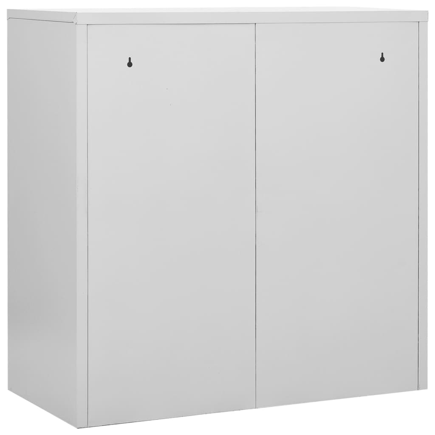 Ein weißer Schrank mit zwei geschlossenen Türen. An der Wand sind zwei Haken. Weißer Hintergrund.