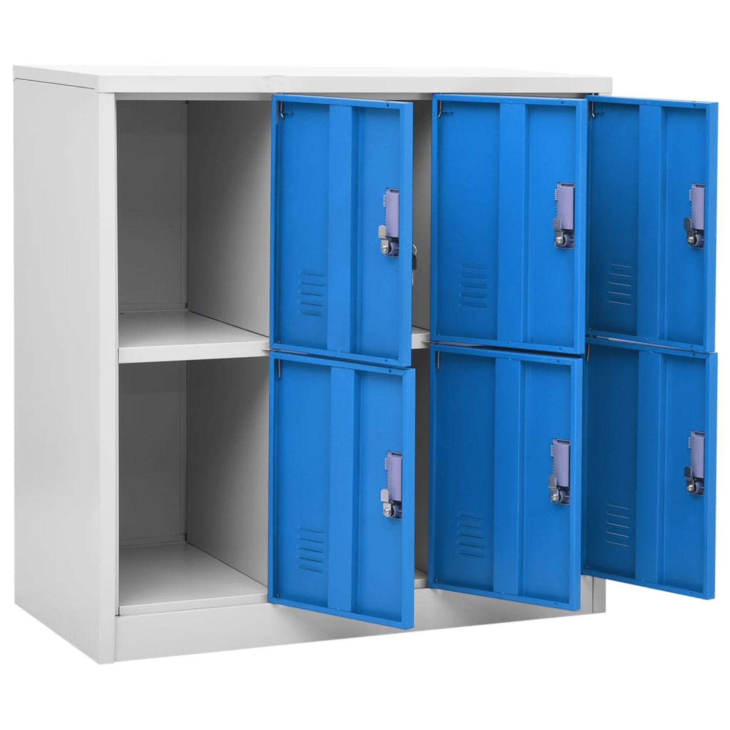 Weißer Metallschrank mit sechs blauen Türfächern.