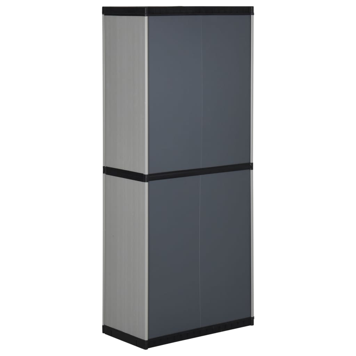 Hoher, zweifarbiger Schrank mit grauen Seiten und dunkelgrauen Türen. Schwarze Verkleidung. Einfaches Design.