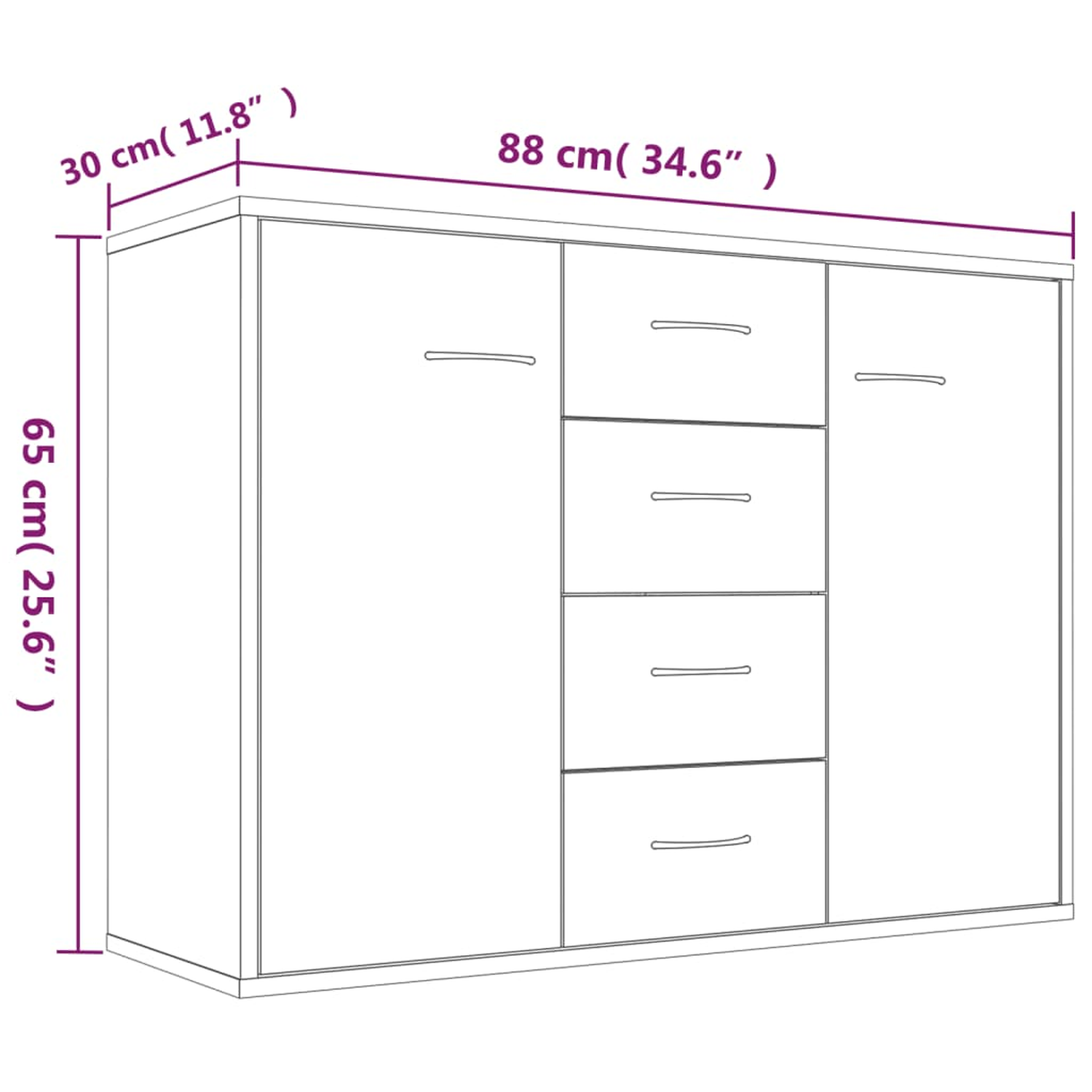 Weißer Schrank mit Maßen, Schubladen und Türen.