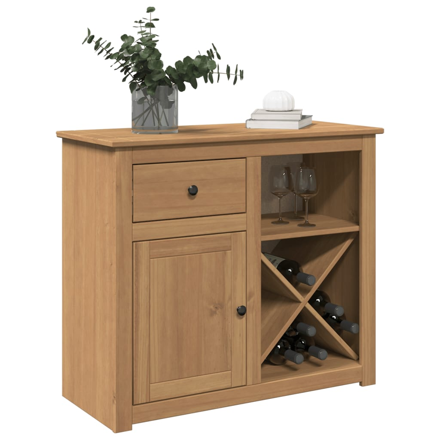 Holzschrank mit Schublade, Tür und Weinaufbewahrung.