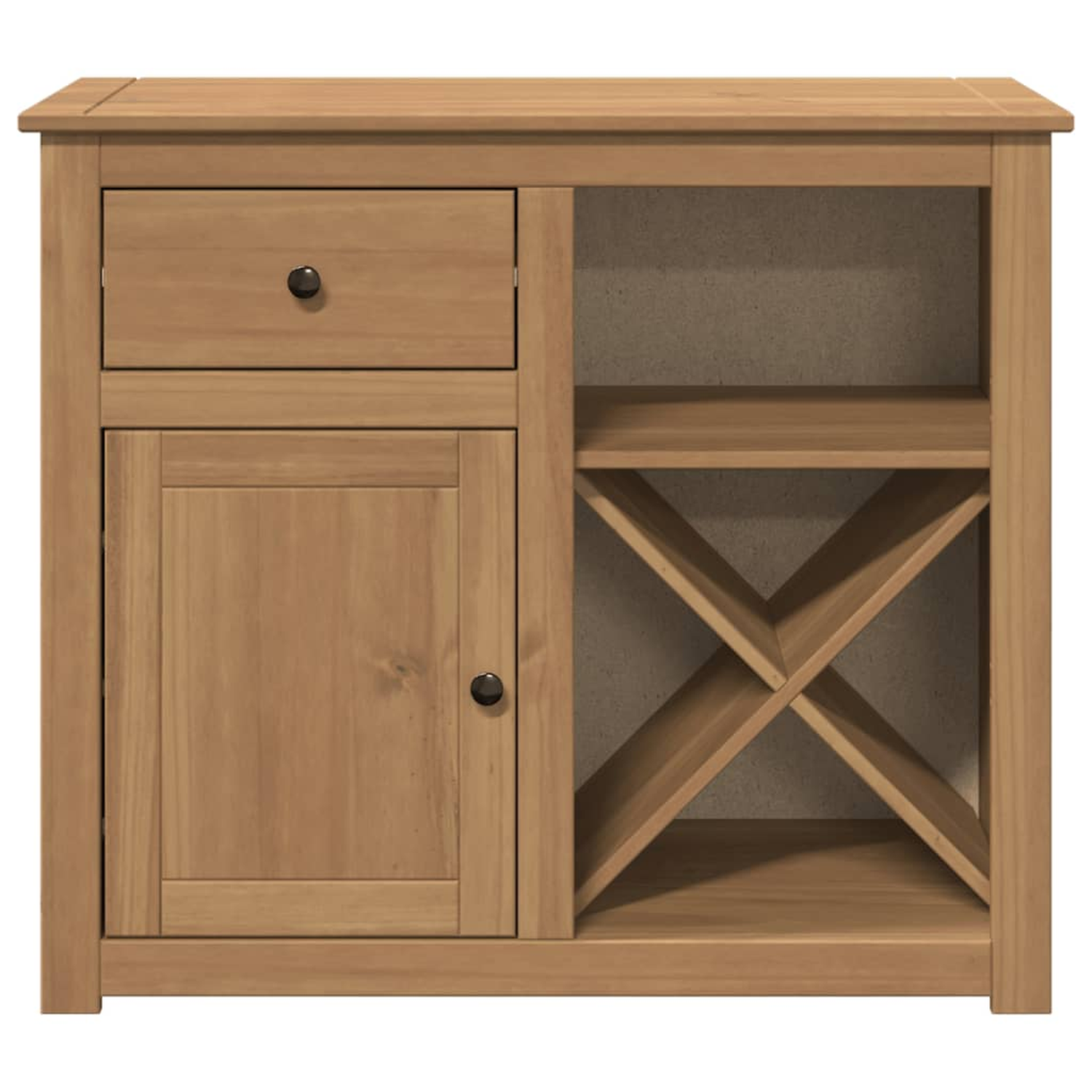 Holzschrank mit Schublade, Tür und Weinregal.