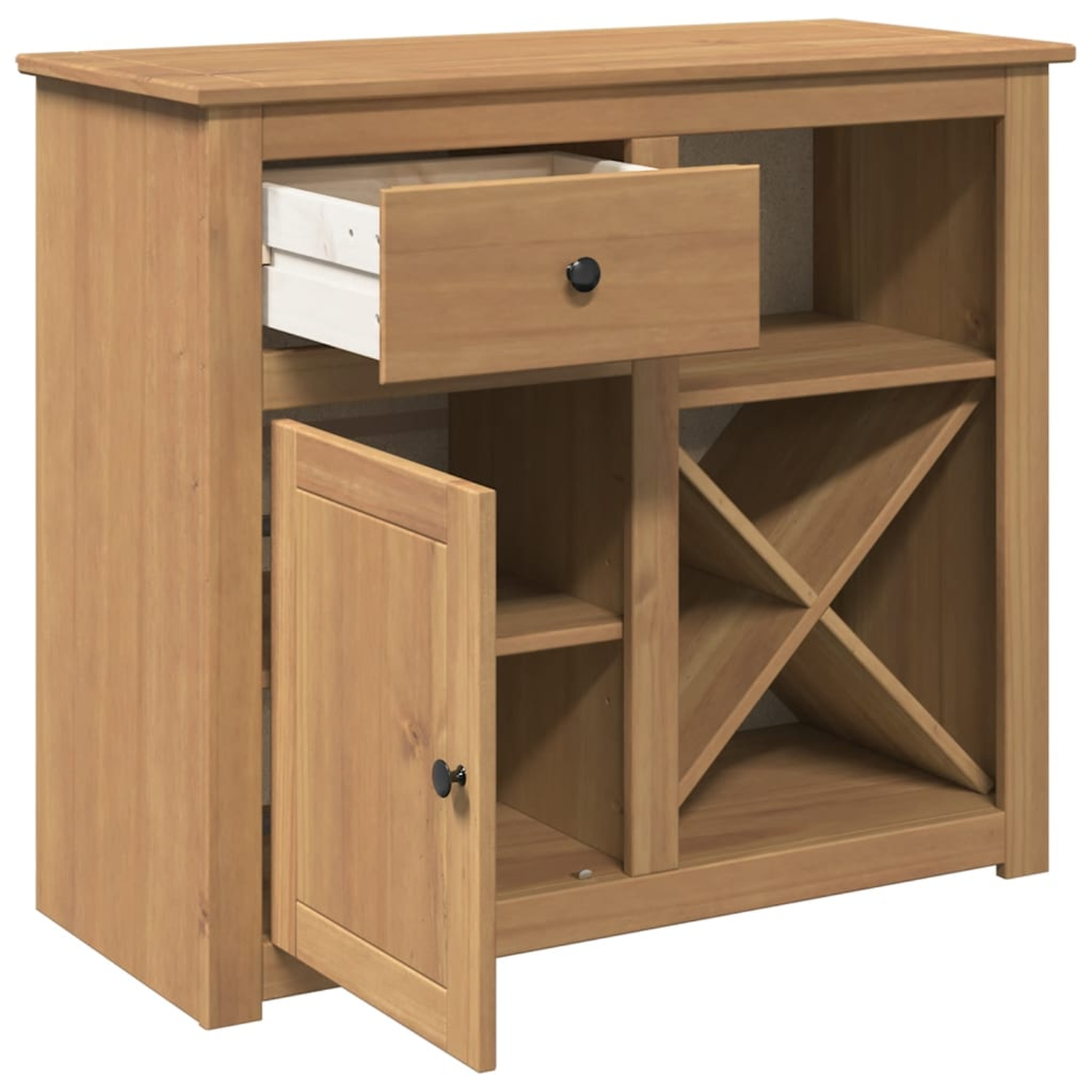 Holzschrank mit Schublade, offener Tür und Regalen mit X-förmigem Weinregal.