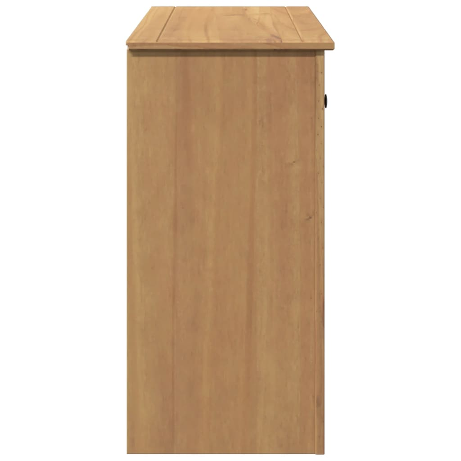 Seitenansicht eines hellbraunen Schranks. Es ist ein hoher, schmaler Schrank mit einfachem Design.