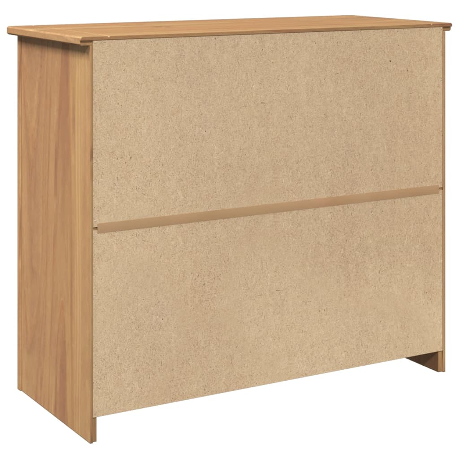 Rückseite des Holzschranks mit zwei sichtbaren Abschnitten. Horizontale Trennwand.