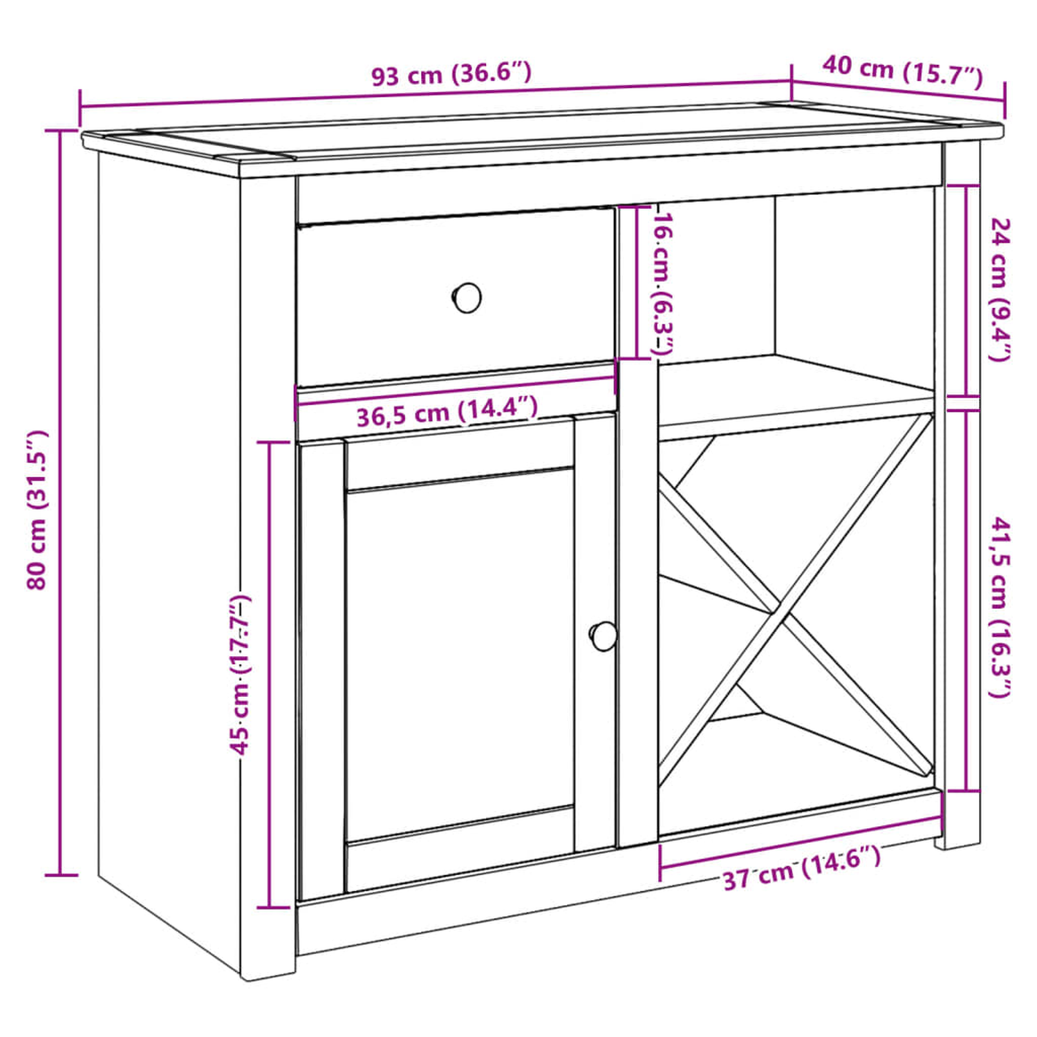 Holzschrank mit Schublade, Tür und Regal. Maße sind in Zentimetern und Zoll angegeben.
