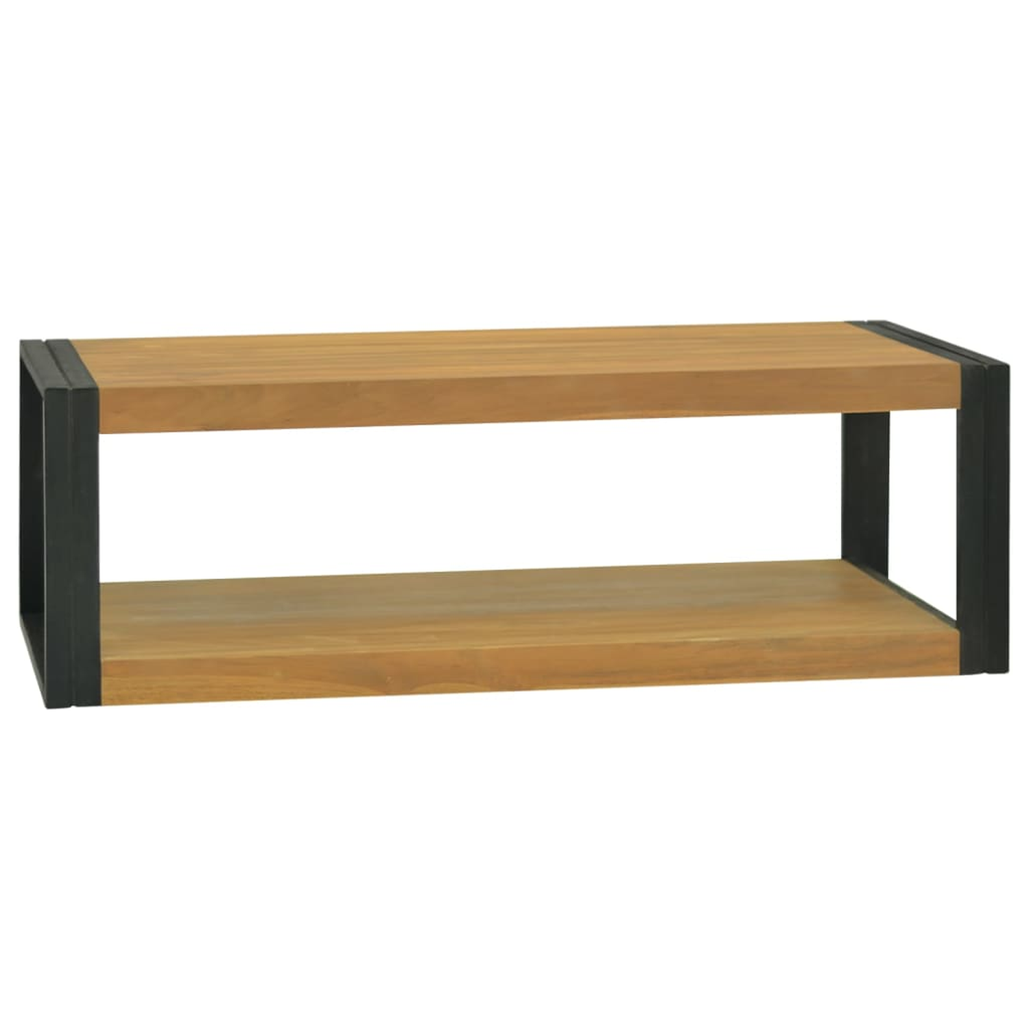 Eine Holzbank mit schwarzem Metallrahmen.
