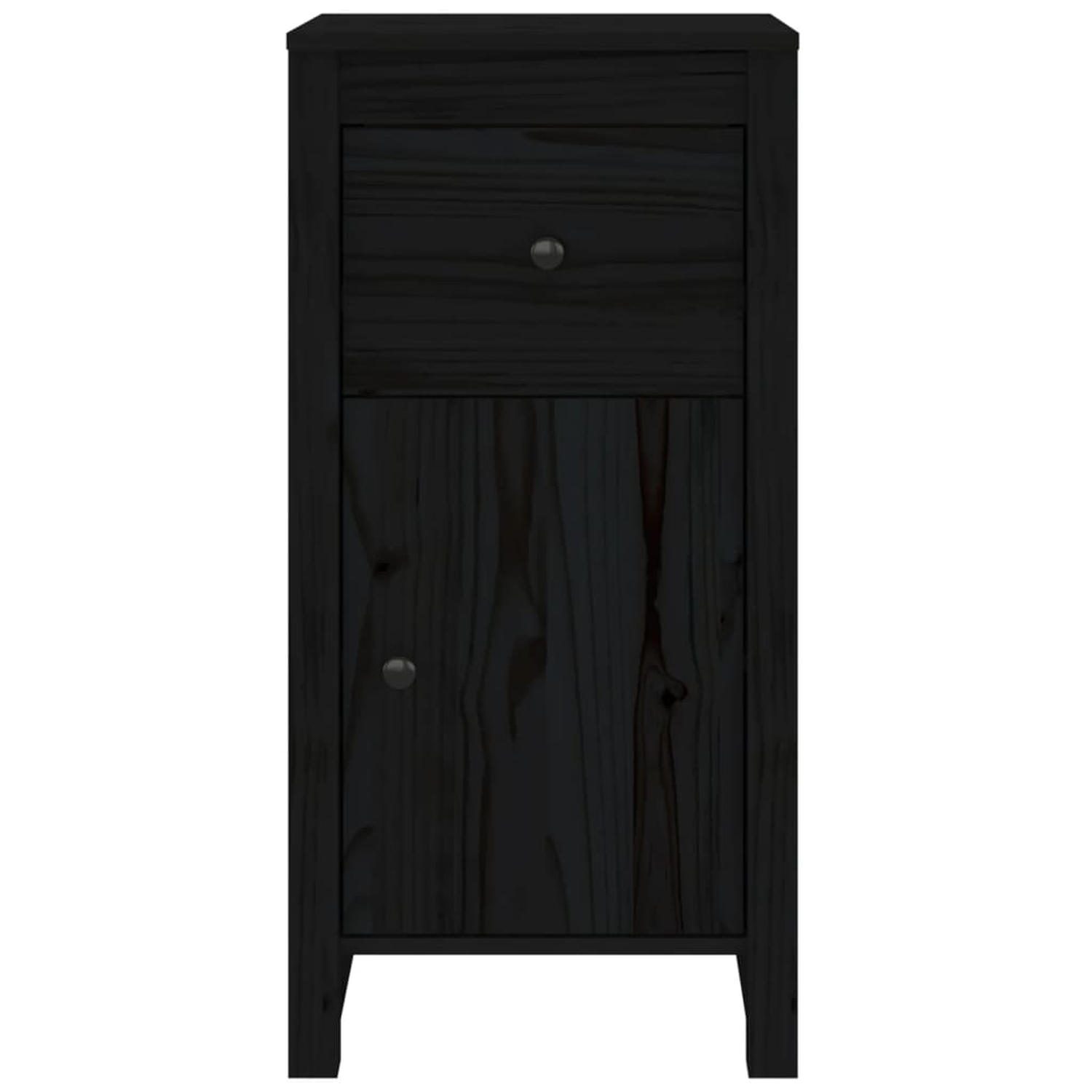 Schwarzer Schrank mit einer Schublade und einer Tür. Minimalistisches Design.