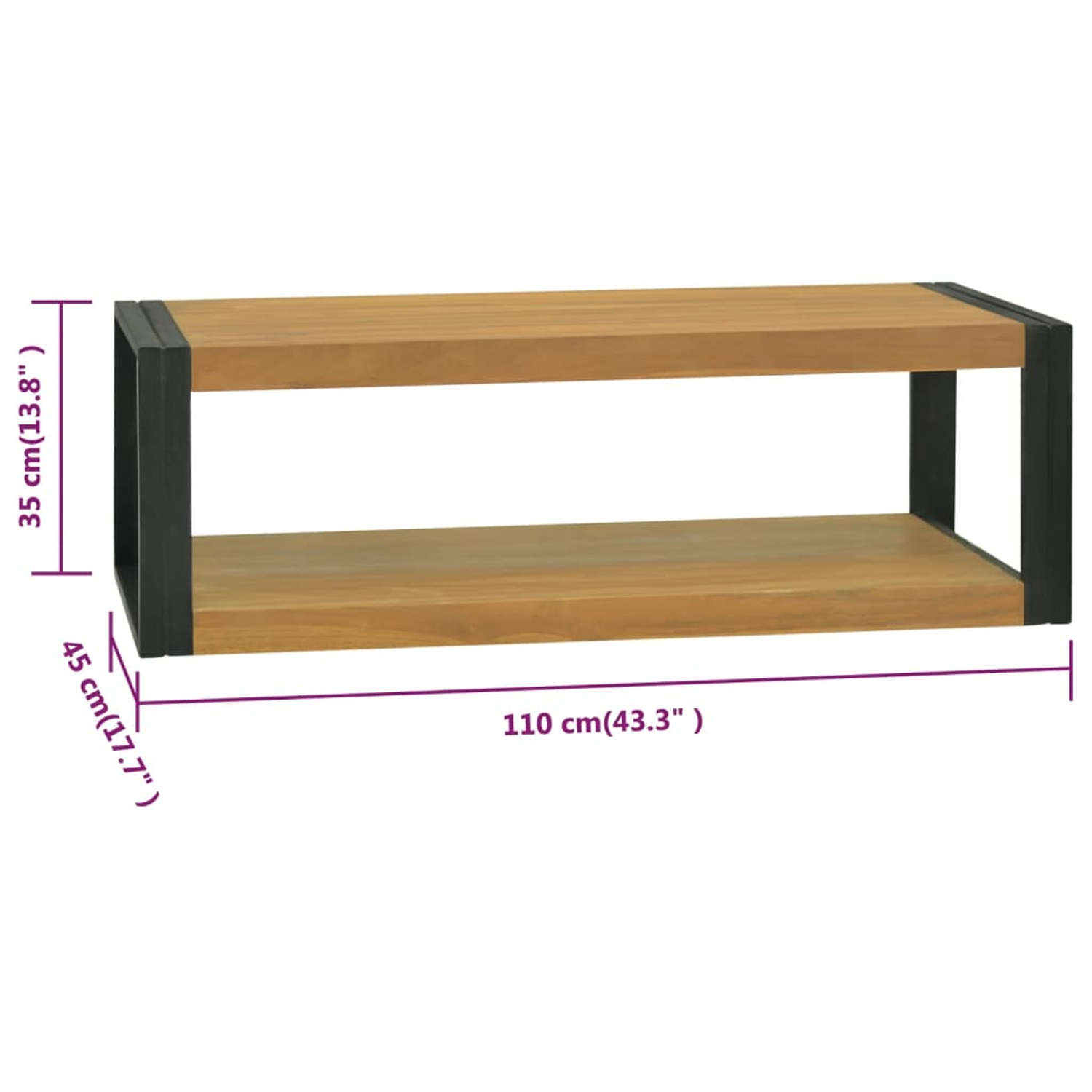 Holz-Couchtisch mit Abmessungen. Braunes Holz mit schwarzen Stützen. Rechteckige Form.