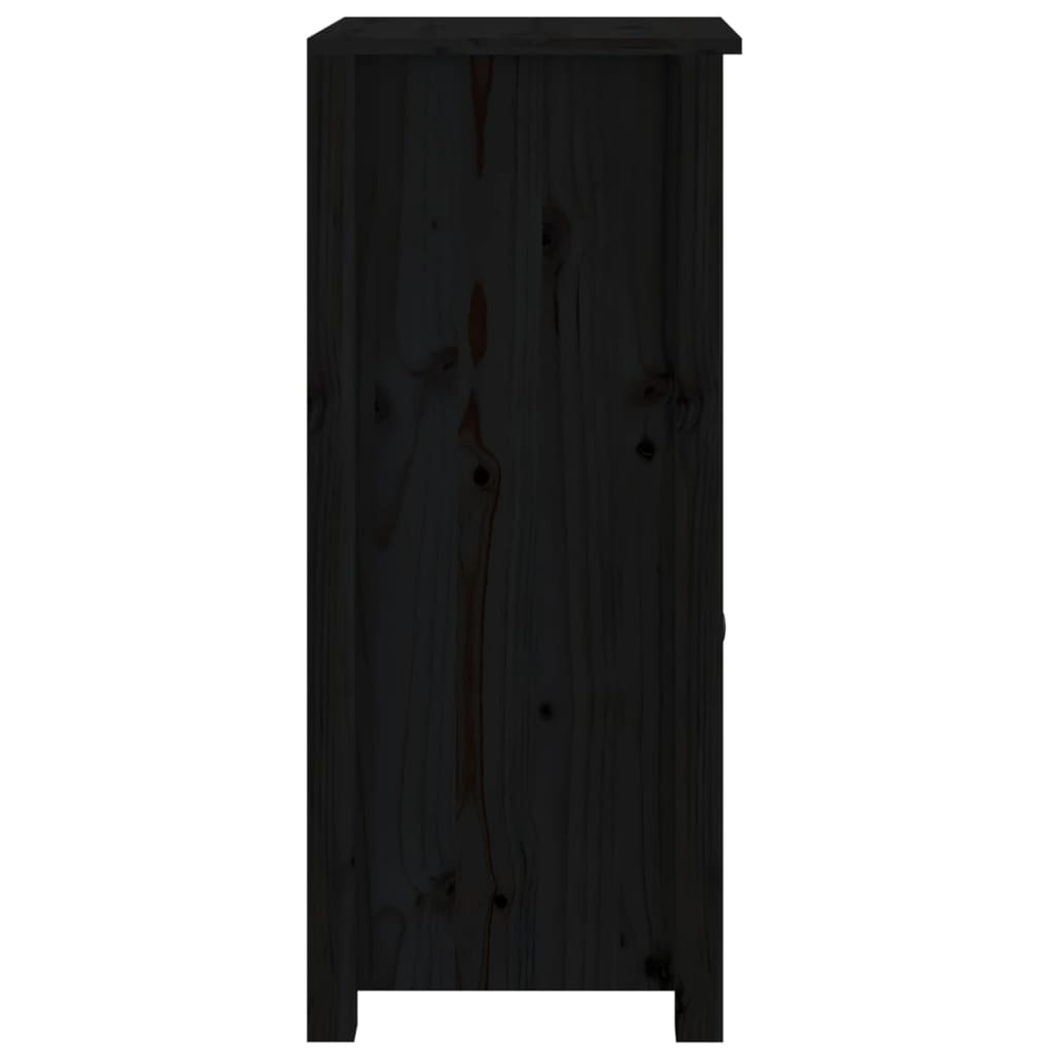 Dunkle Holzschrank-Seitenansicht. Vertikale Holzmaserung sichtbar, einfacher Sockel.