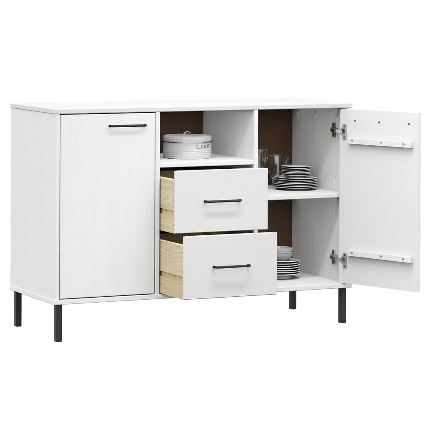 Weißes Sideboard mit offener Tür und Schubladen. Innen Geschirr, Kuchenbehälter. Schwarze Beine. Hintergrund weiß.