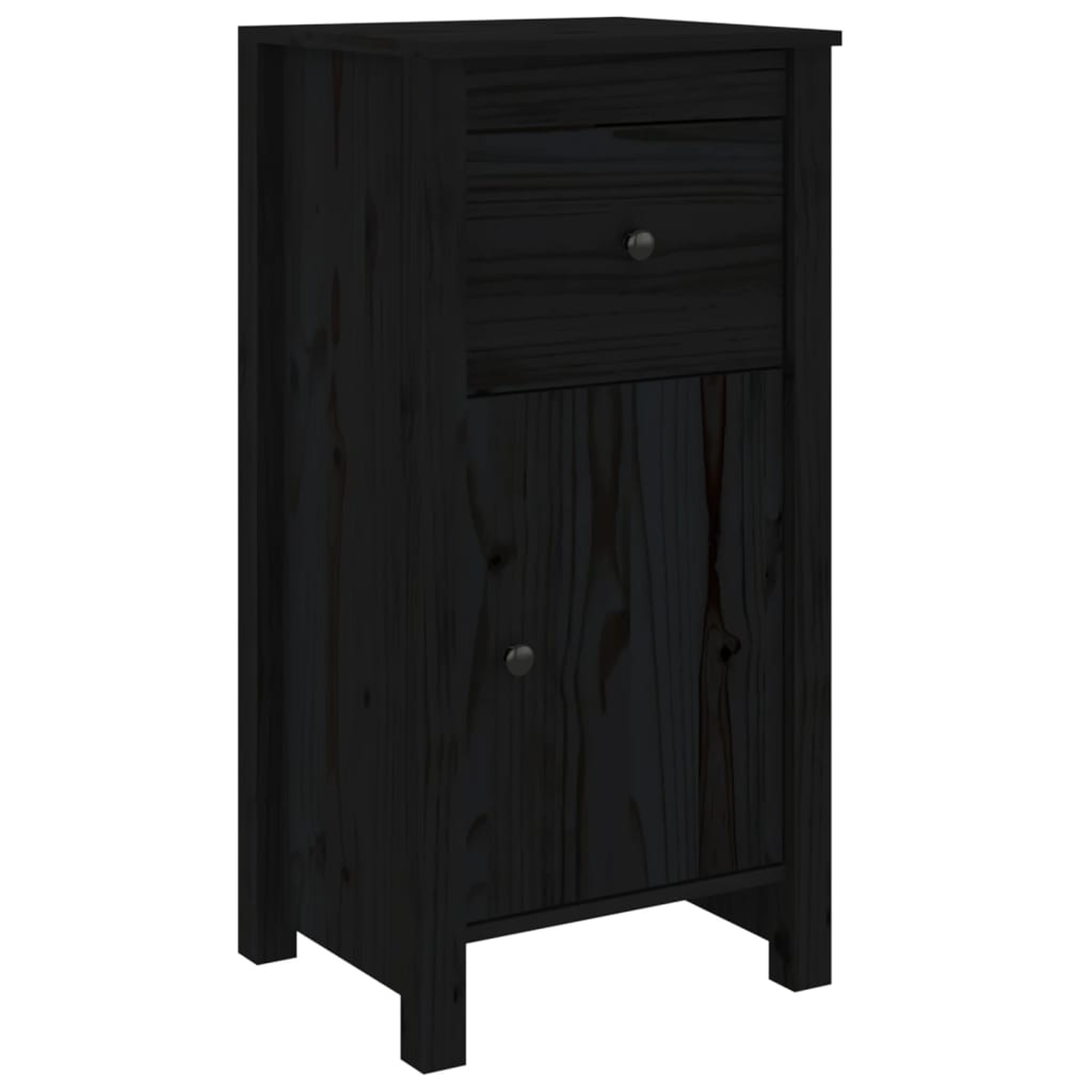 Schwarzer Schrank mit Schublade und Tür. Schwarze Knöpfe und Beine. Angeschrägte Ansicht.
