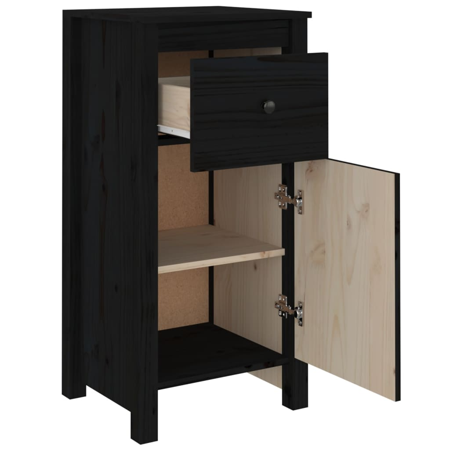 Schwarzer Schrank mit Schublade und offener Tür, die ein Regal und Naturholz zeigt.
