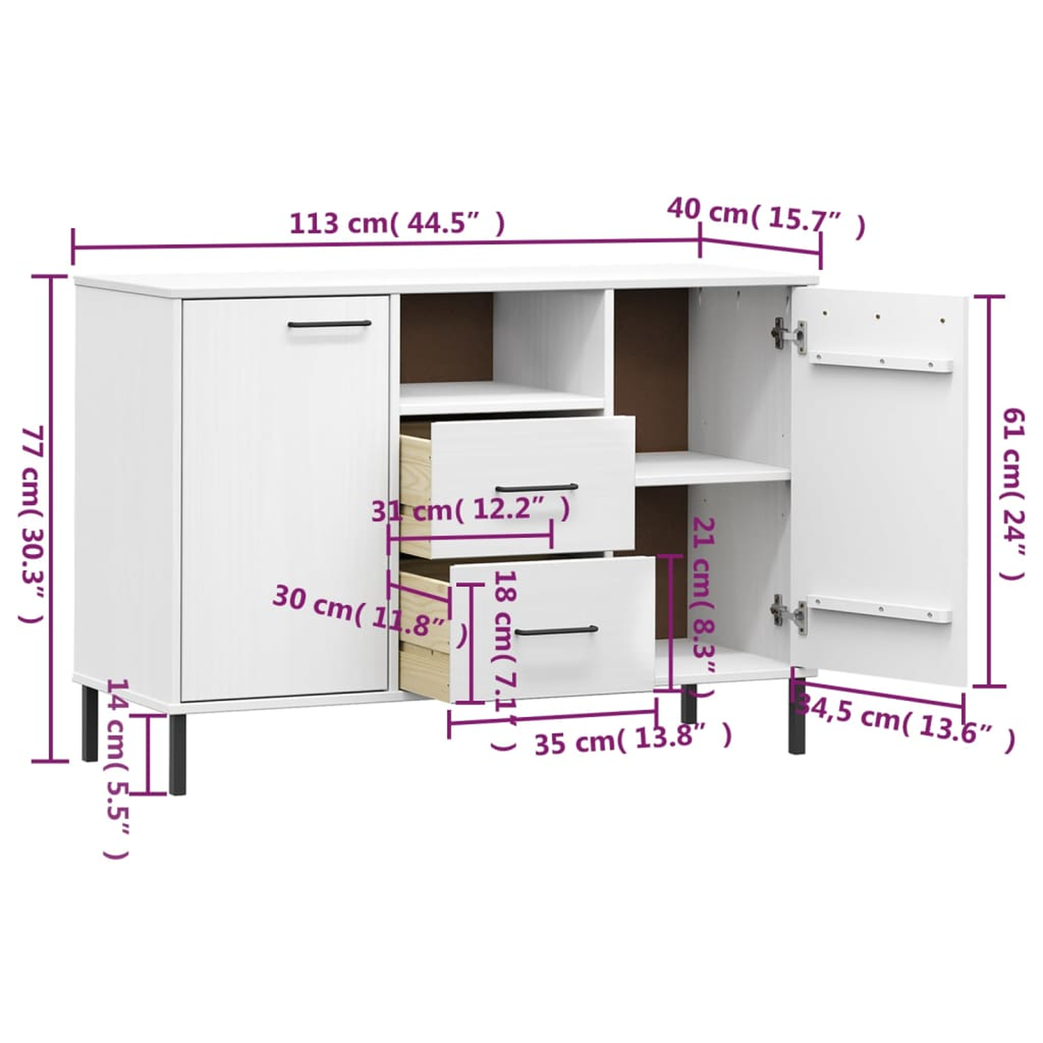 Weißes Sideboard mit offener Tür, Schubladen und Maßangaben.