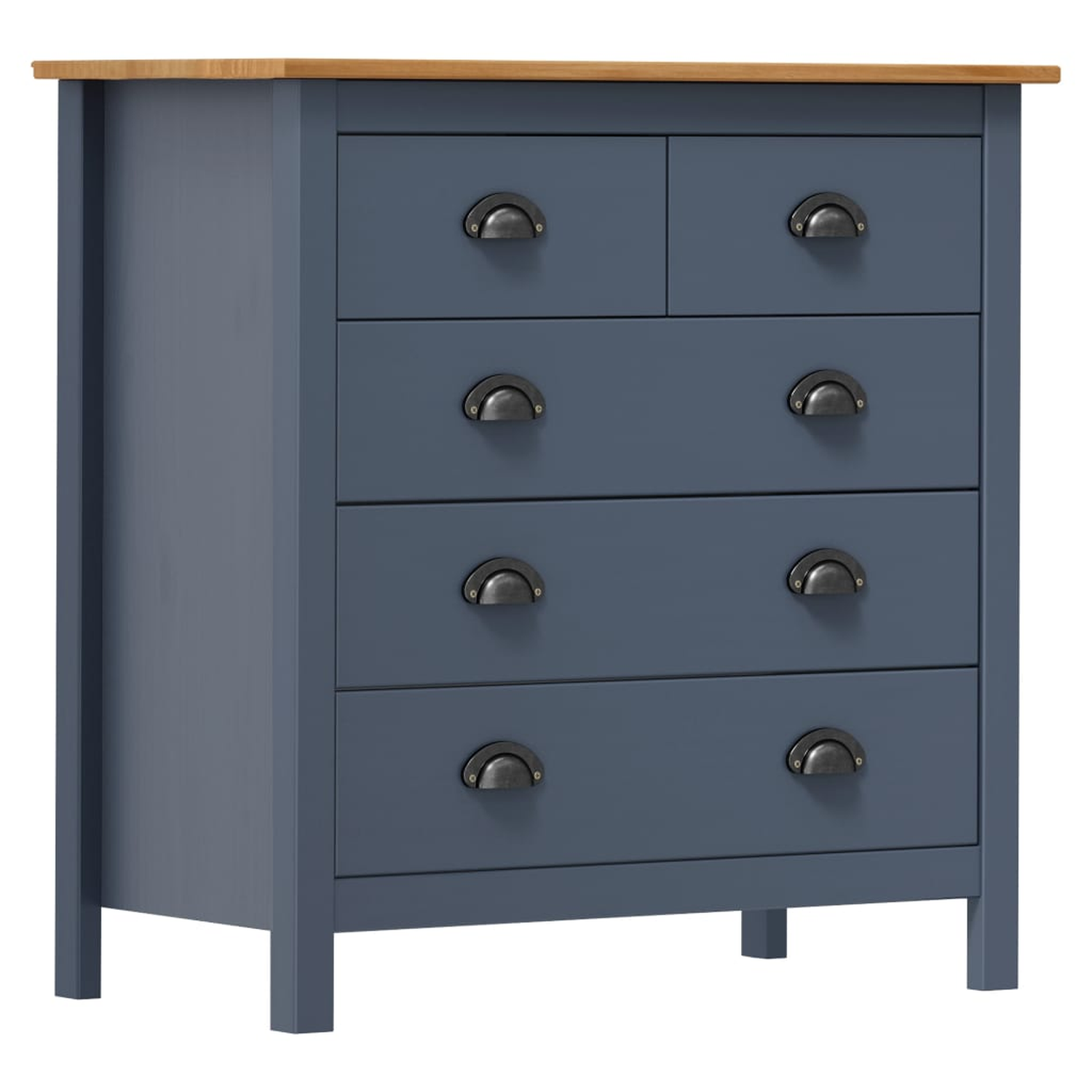 Blaue Kommode mit fünf Schubladen, Holzplatte und schwarzen Griffen.