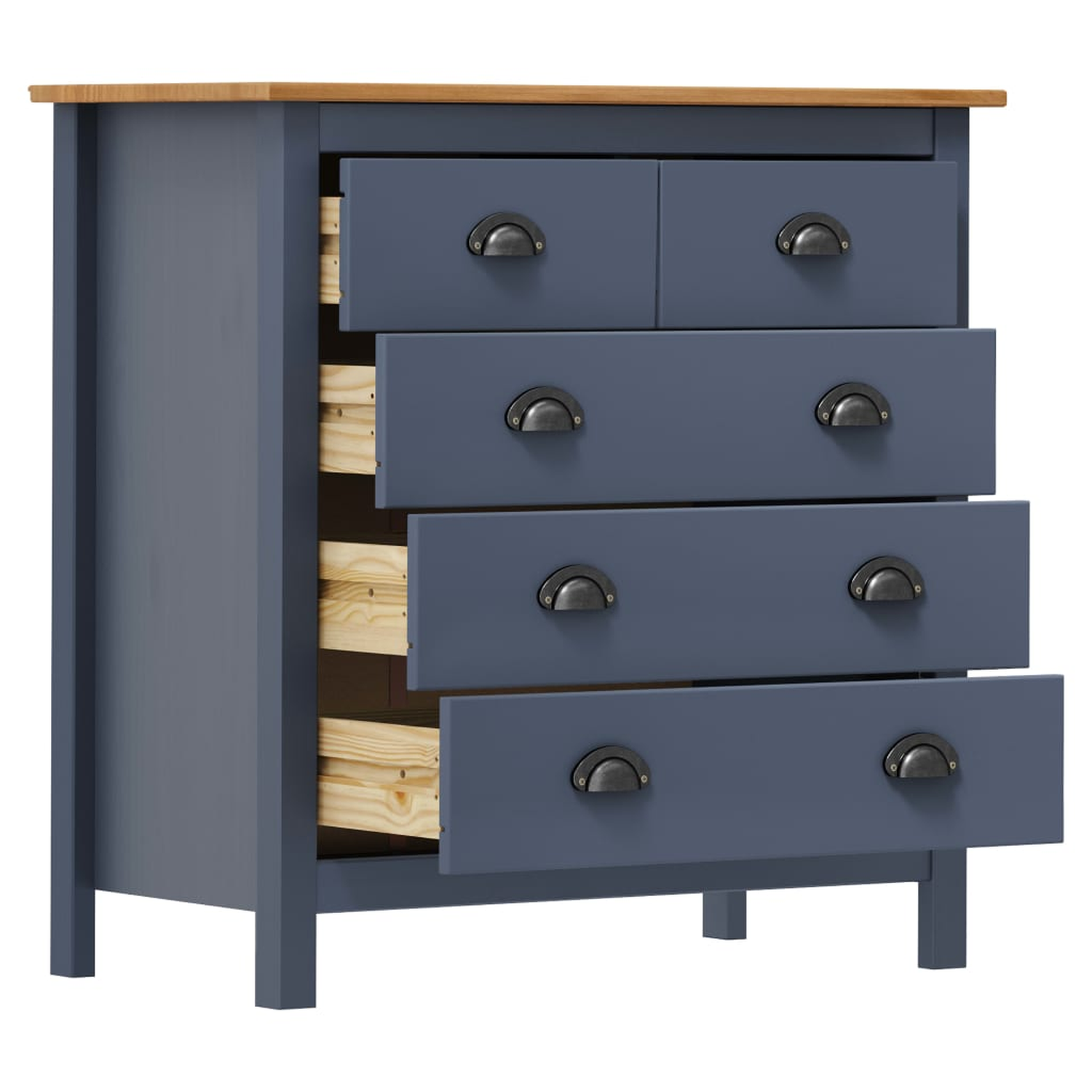 Blaue Kommode mit Holzplatte, vier Schubladen und schwarzen Griffen. Zwei Schubladen sind offen.