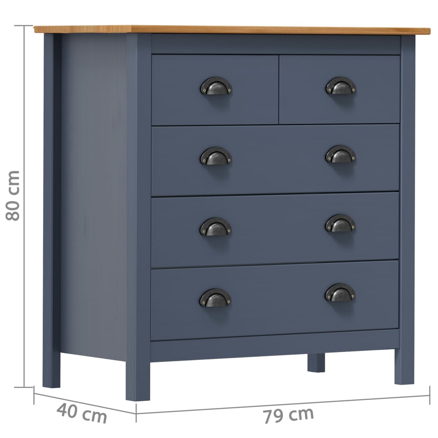 Eine dunkelblaue Kommode mit Holzplatte. Es hat 5 Schubladen mit Griffen. Abmessungen sind 40x79x80 cm.