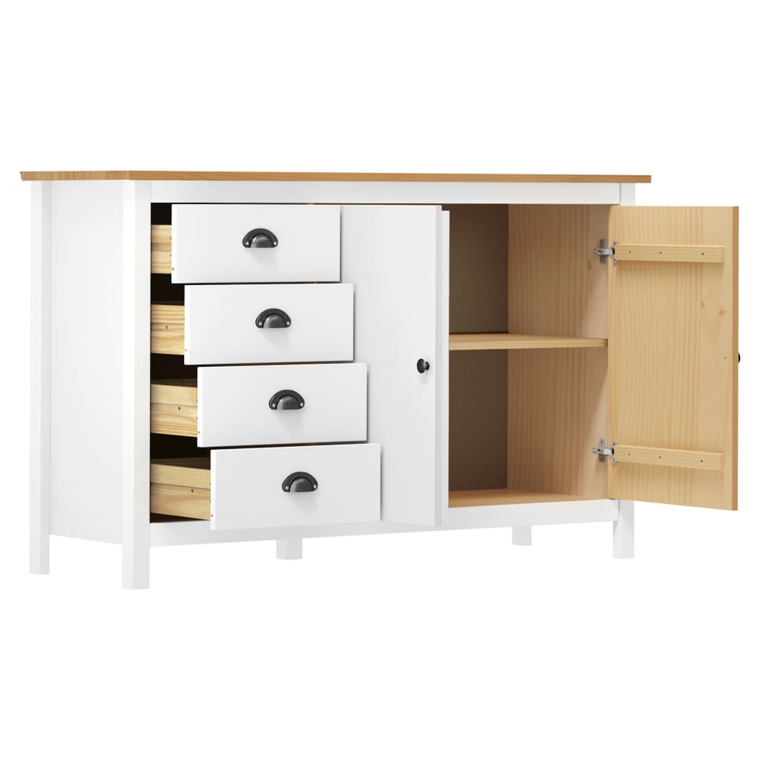 Weißer Schrank mit Schubladen und offener Tür, die Regale freigibt. Helles Holz innen.