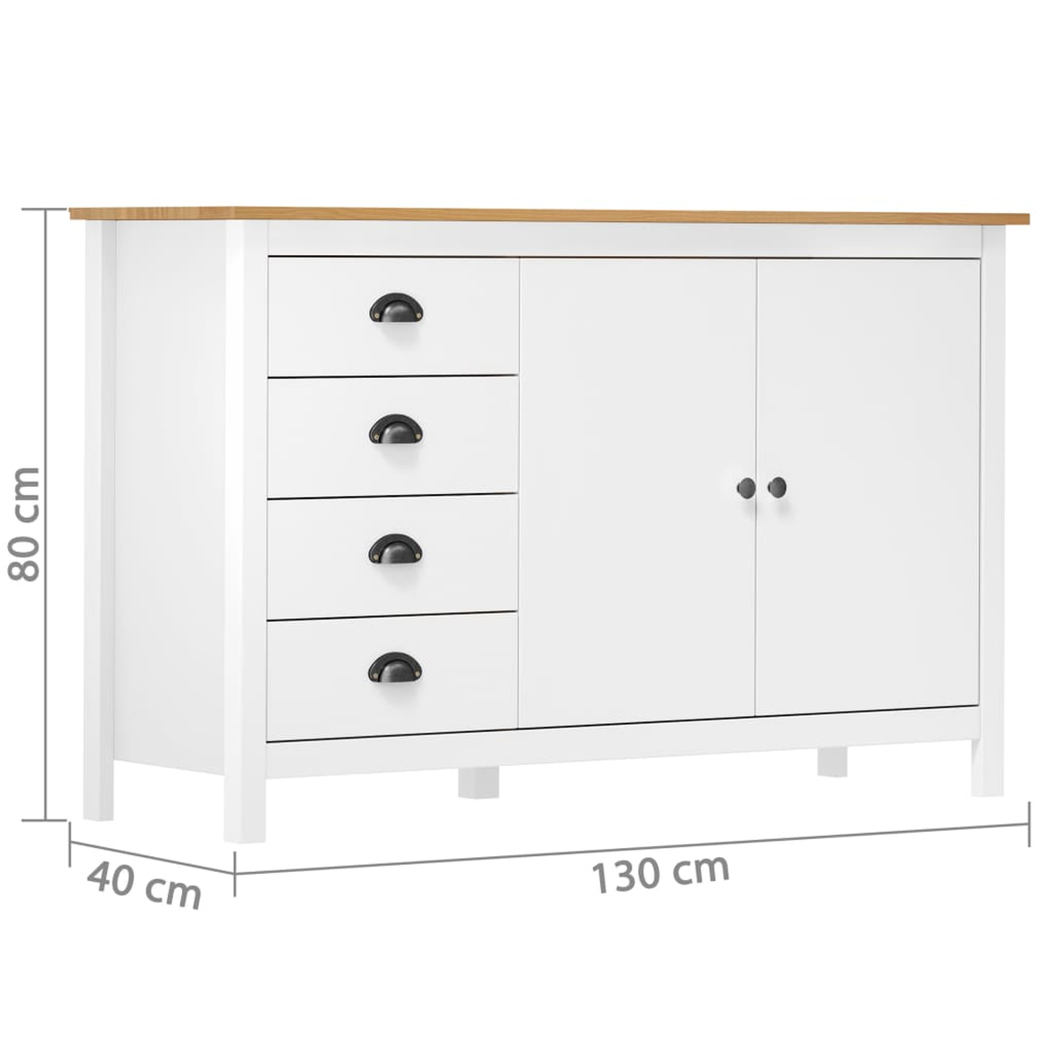 Weißes Sideboard mit Schubladen und Türen. Das Sideboard hat eine Holzplatte und schwarze Griffe.