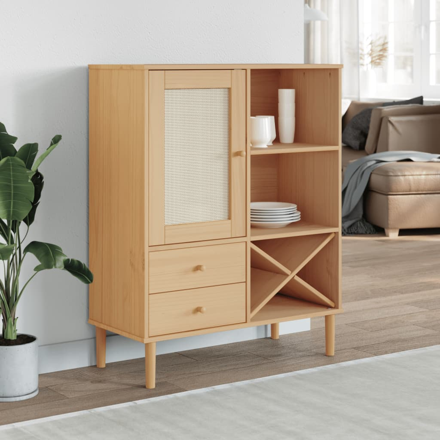 Holzschrank mit Tür, Schubladen und offenen Regalen. Im Hintergrund eine Pflanze und ein Teppich.