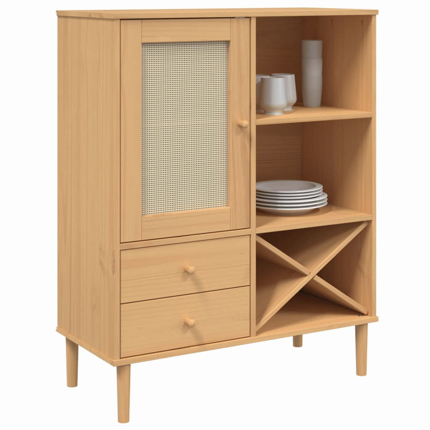 Holzschrank mit Glastür, Regalen, Schubladen und einem Weinregal.