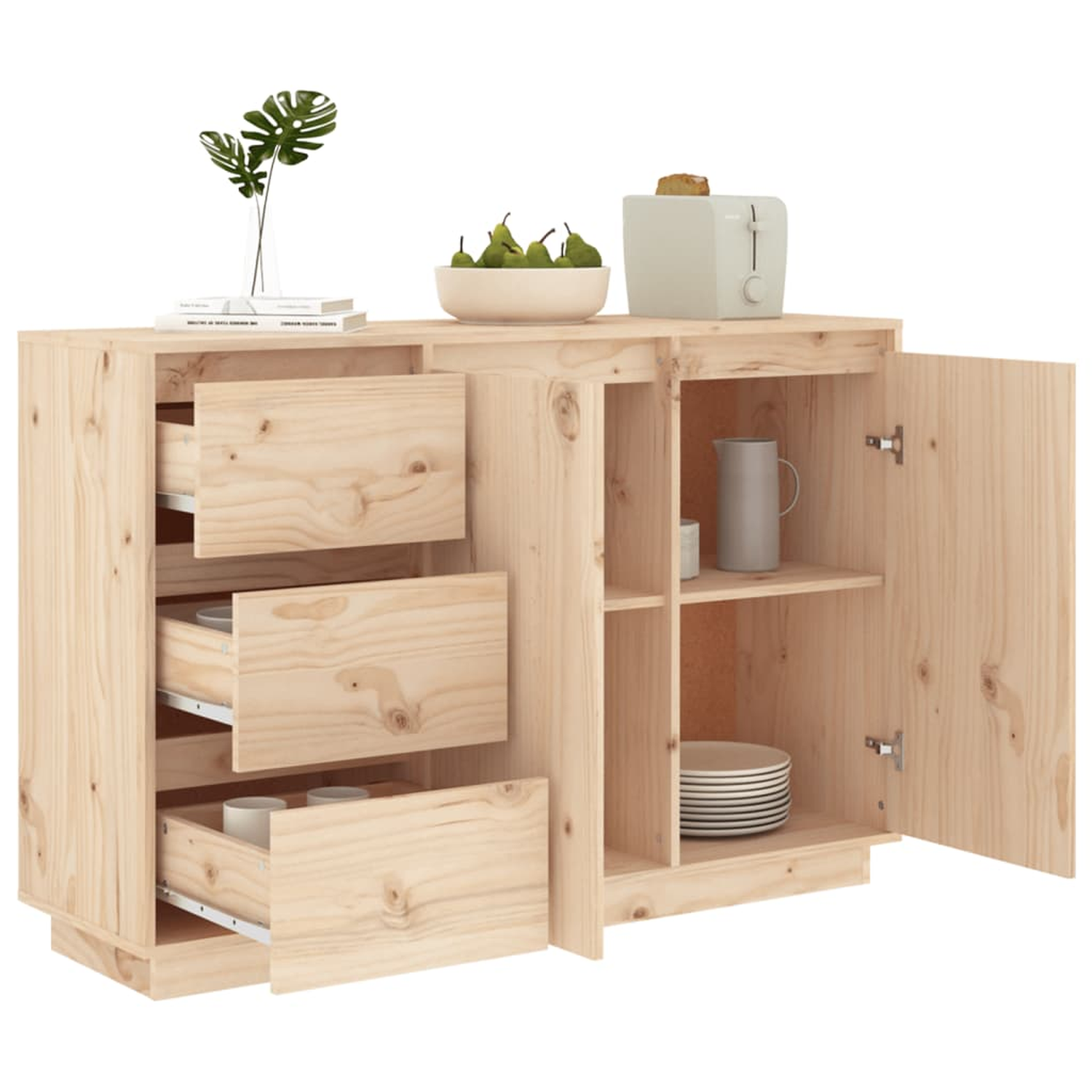 Holzschrank mit Schubladen und offener Tür. Geschirr, Toaster, Krug und Obst oben drauf.