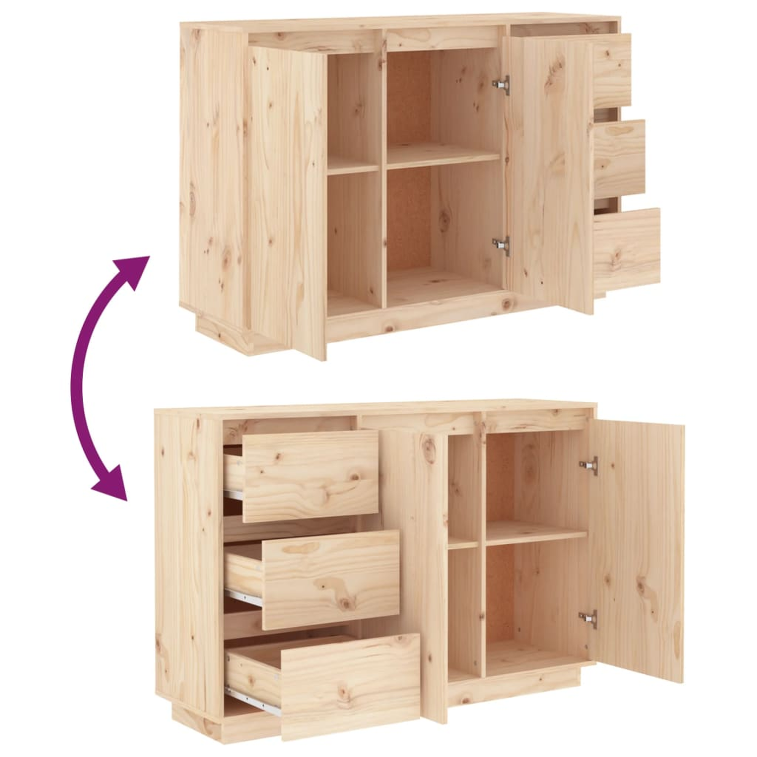 Schrank aus hellem Holz mit Türen und Schubladen, offene und geschlossene Ansicht.