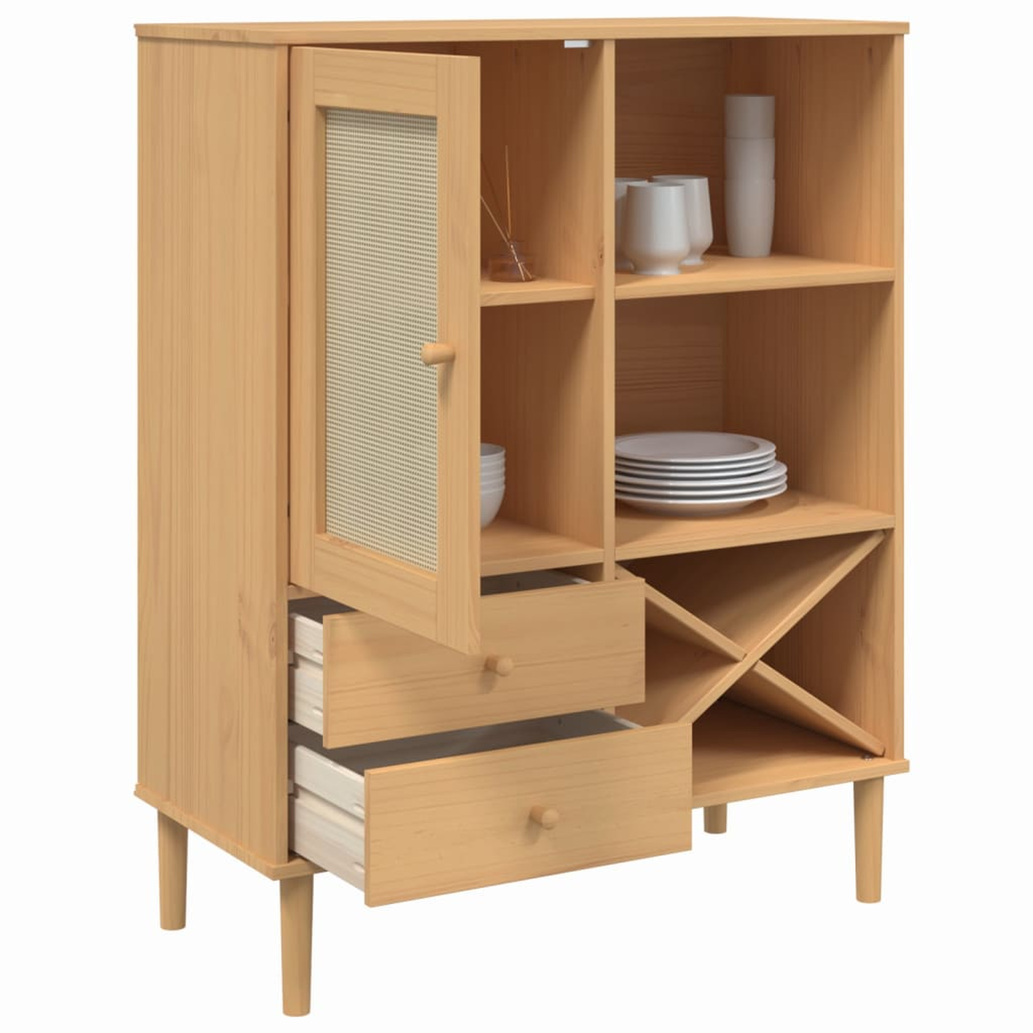 Ein Holzschrank mit Glastür, Regalen, Schubladen und Weinregal. Gegenstände werden im Inneren angezeigt.