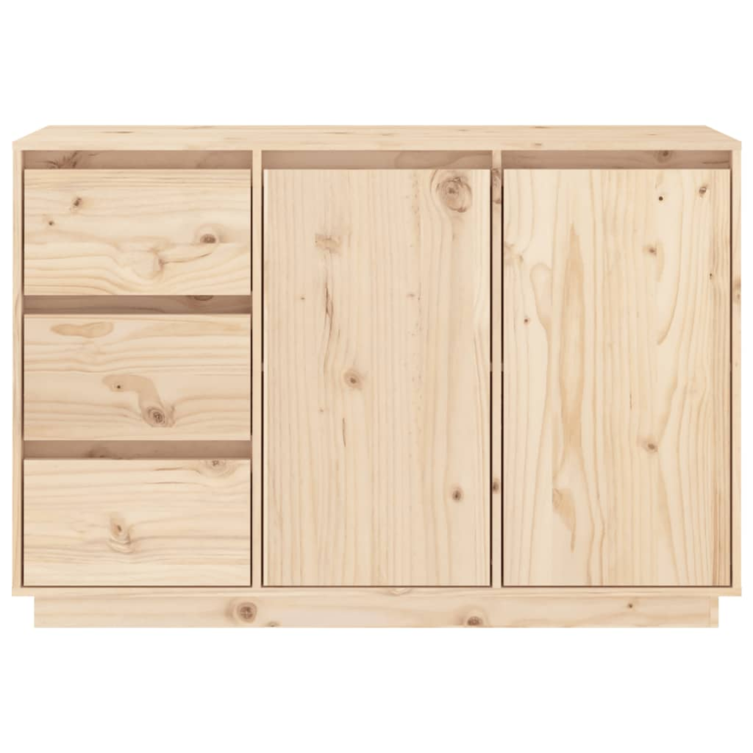 Holzschrank mit drei Abschnitten: Schubladen links, Tür rechts.
