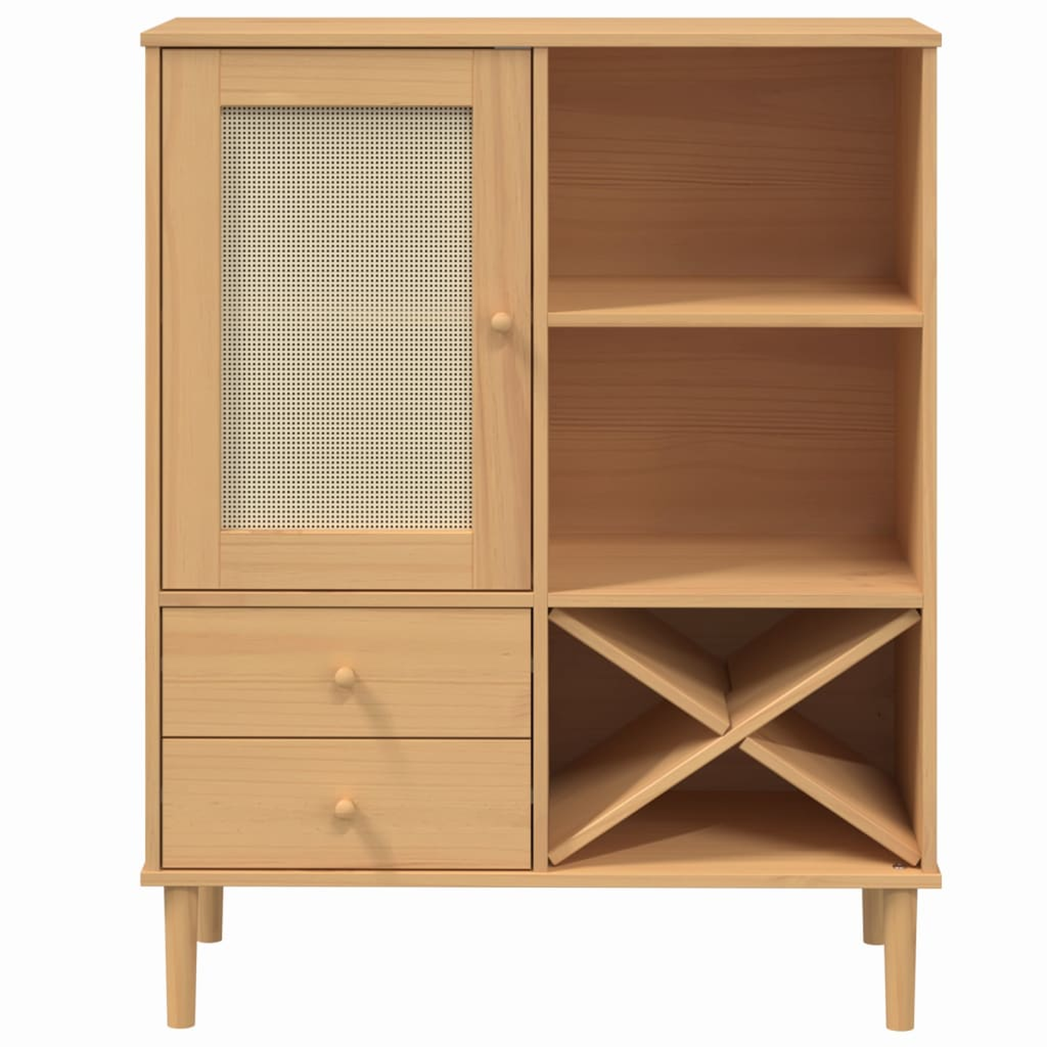 Holzschrank mit Schubladen, Glastür und Weinregal. Der Schrank steht vor weißem Hintergrund.