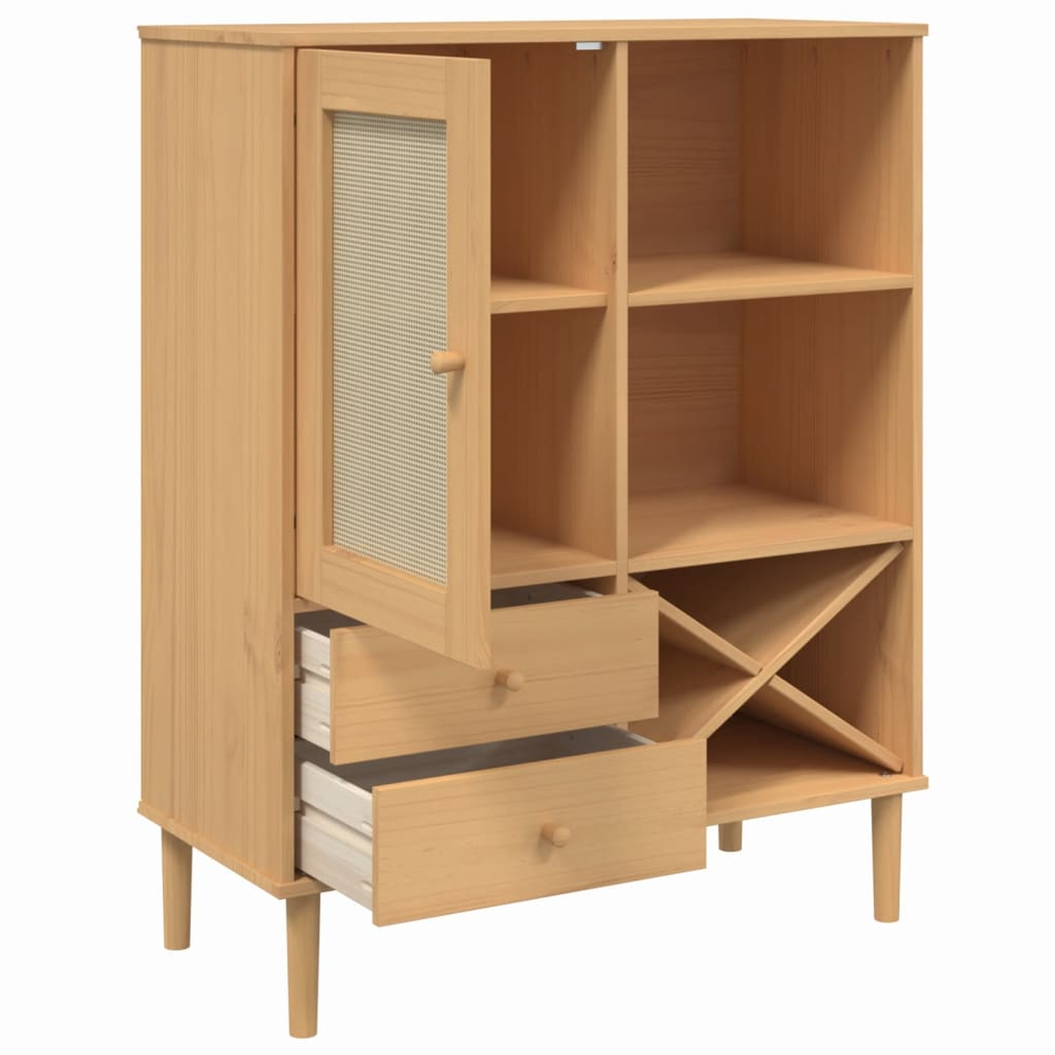 Ein Holzschrank mit offenen Türen wird gezeigt. Er hat Regale, Schubladen und ein Weinregal.