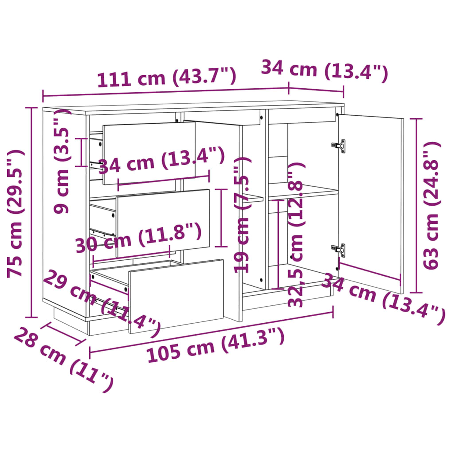 Möbelschema mit Abmessungen. Weißer Hintergrund mit schwarzen Linien.