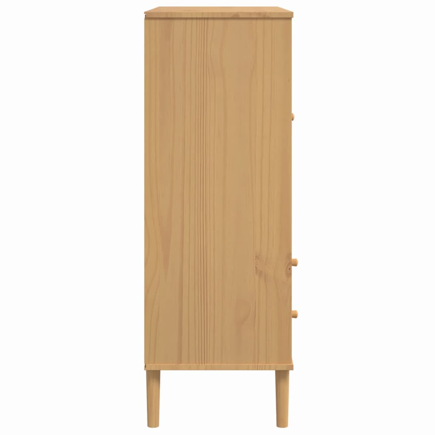 Ein Holzschrank mit drei Beinen. Es hat eine hellfarbene Holzoberfläche.