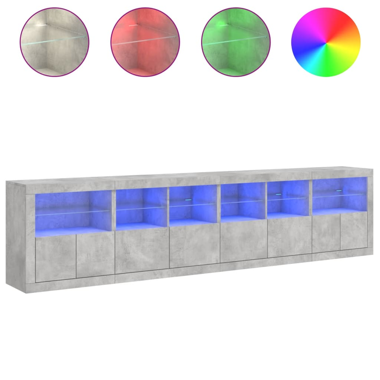 Langer grauer Schrank mit blauen LED-Leuchten hinter Glastüren und vier Farbtafeln.