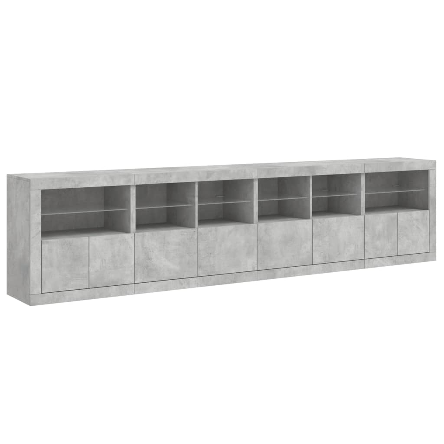 Langer, grauer Schrank mit mehreren Regalen. Der Schrank besteht aus betonähnlichem Material.