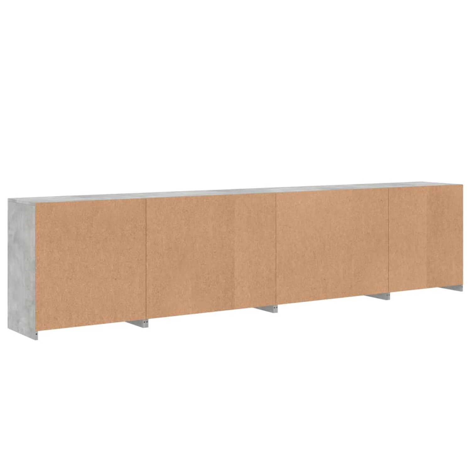Ein langer Aufbewahrungsschrank aus Holz und Beton mit grauen Seiten.