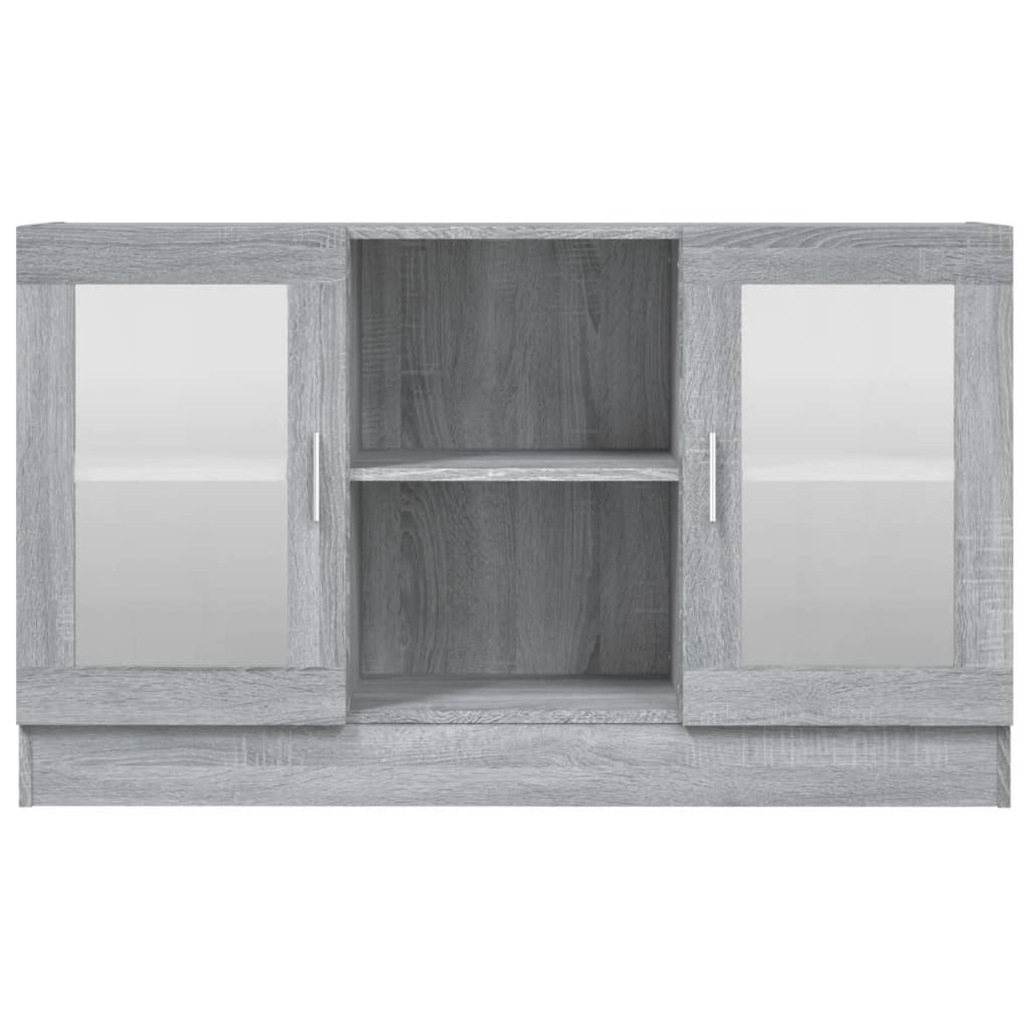 Ein grauer Schrank mit Glastüren und einem zentralen Regal. Er steht vor einem weißen Hintergrund.