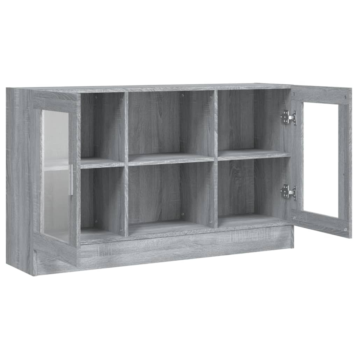Grauer Schrank mit Glastüren und Regalen. Die rechte Tür ist offen. Es gibt sechs Fächer.