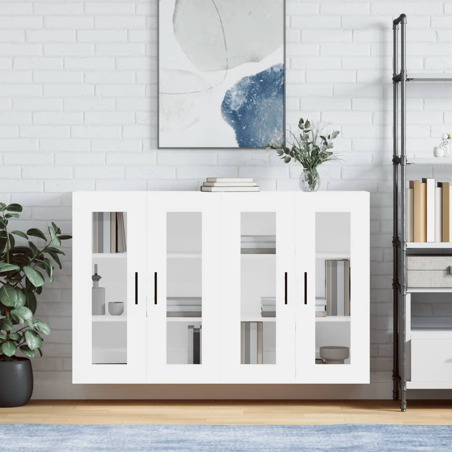 Ein weißes Sideboard mit Maßen in cm und Zoll, mit Türen.