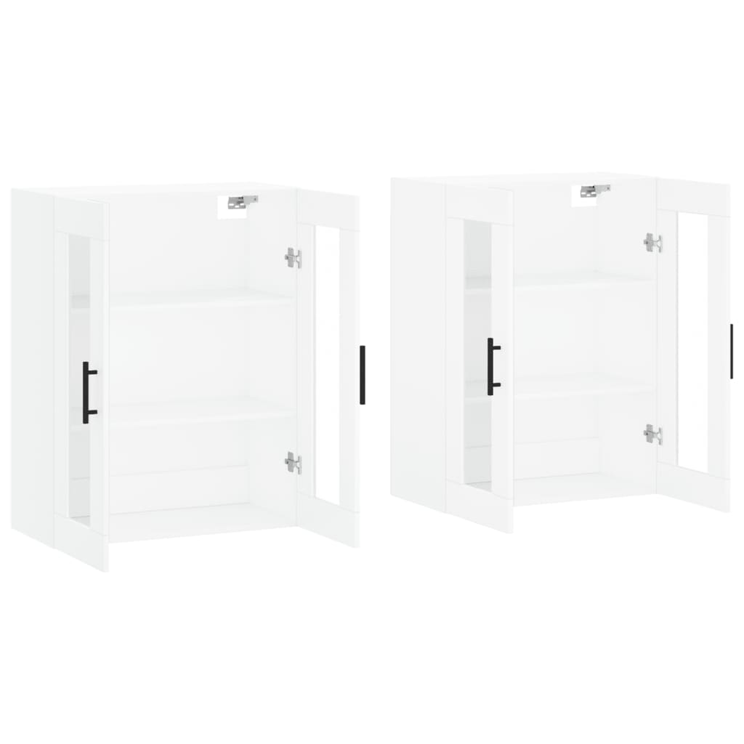 Zwei weiße Schränke mit Glastüren. Jeder Schrank hat ein Regal und einen schwarzen Griff.