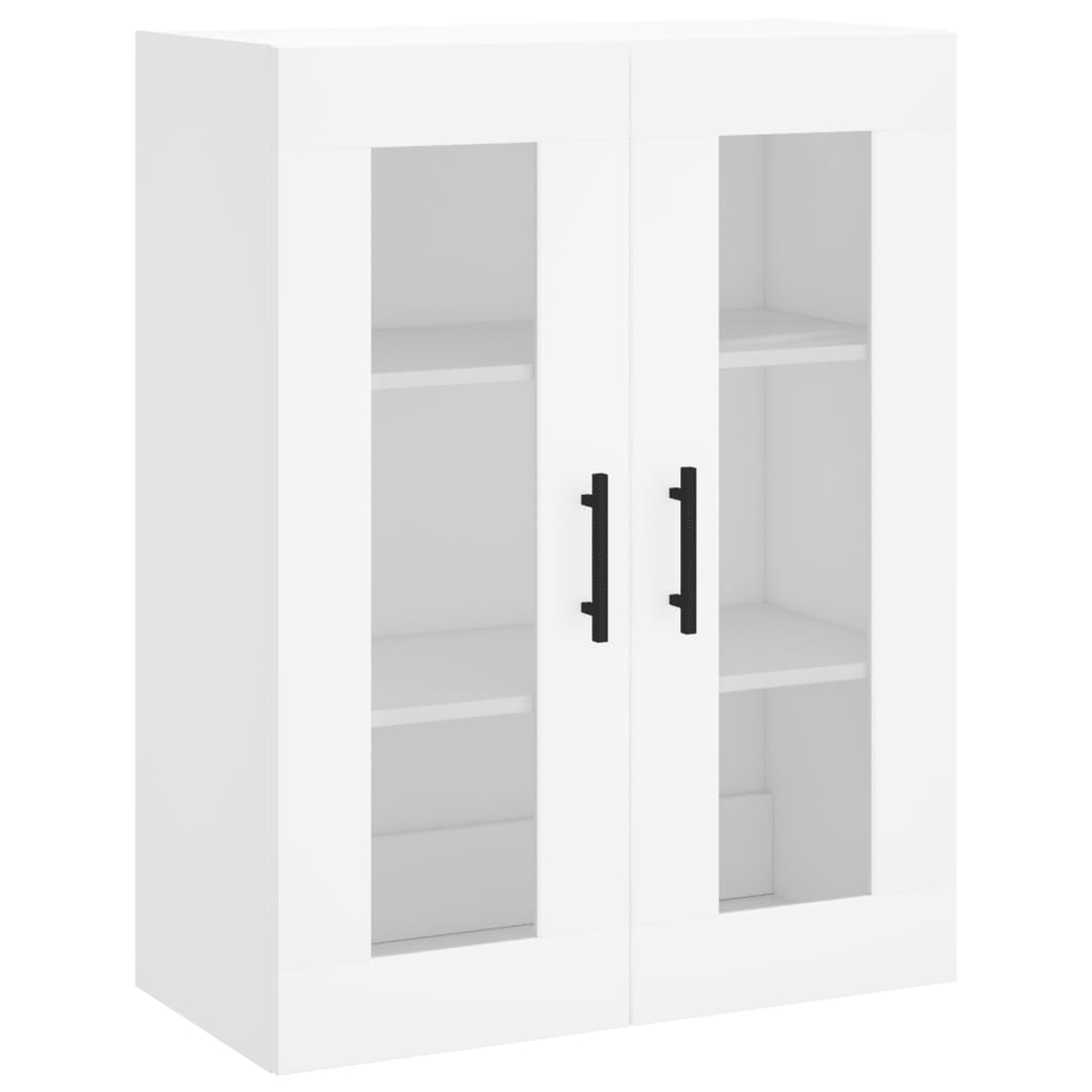 Ein weißer Schrank mit zwei Glastüren und schwarzen Griffen, der Regale im Inneren zeigt.