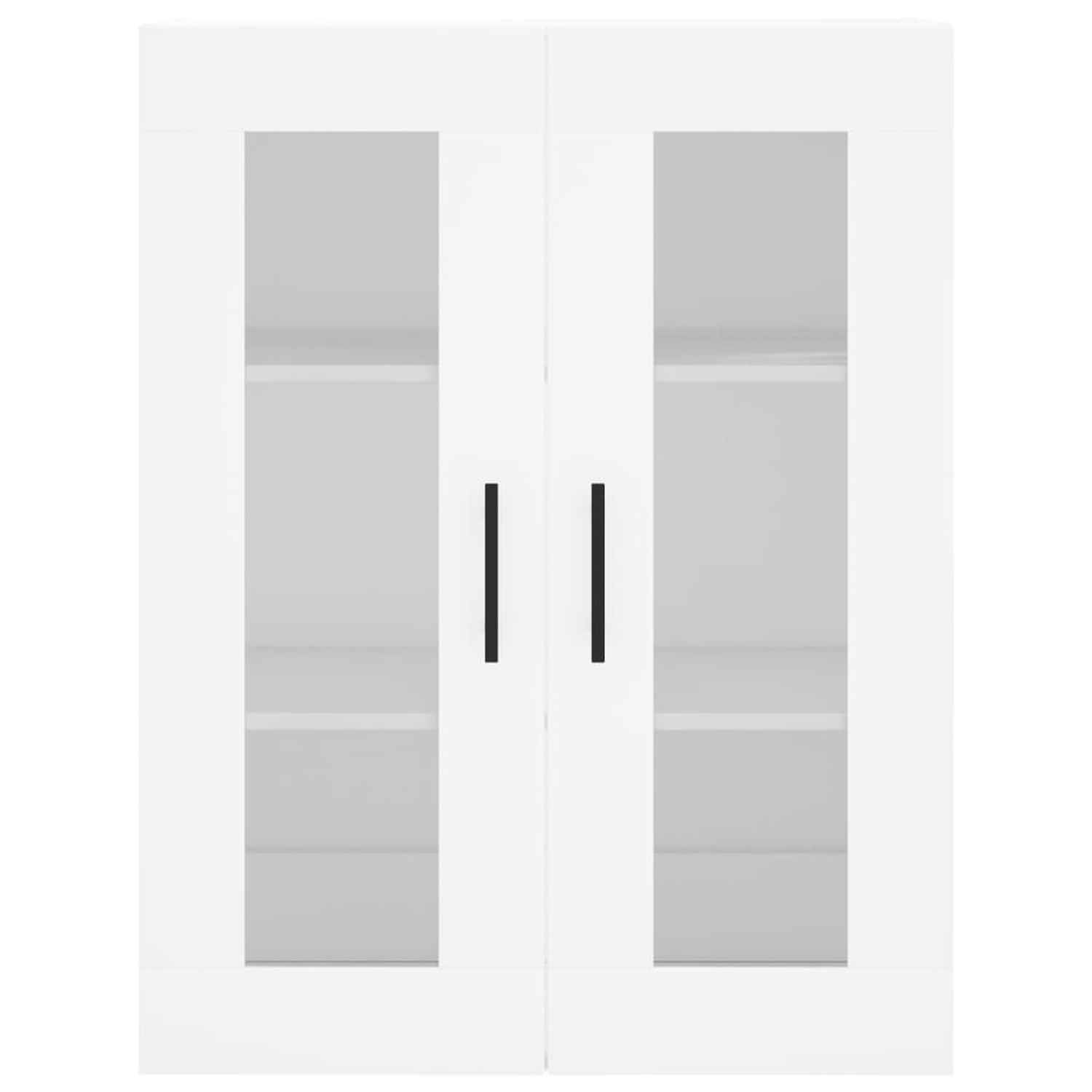 Weißer Schrank mit zwei Glastüren und schwarzen Griffen. Regale sind im Inneren sichtbar.