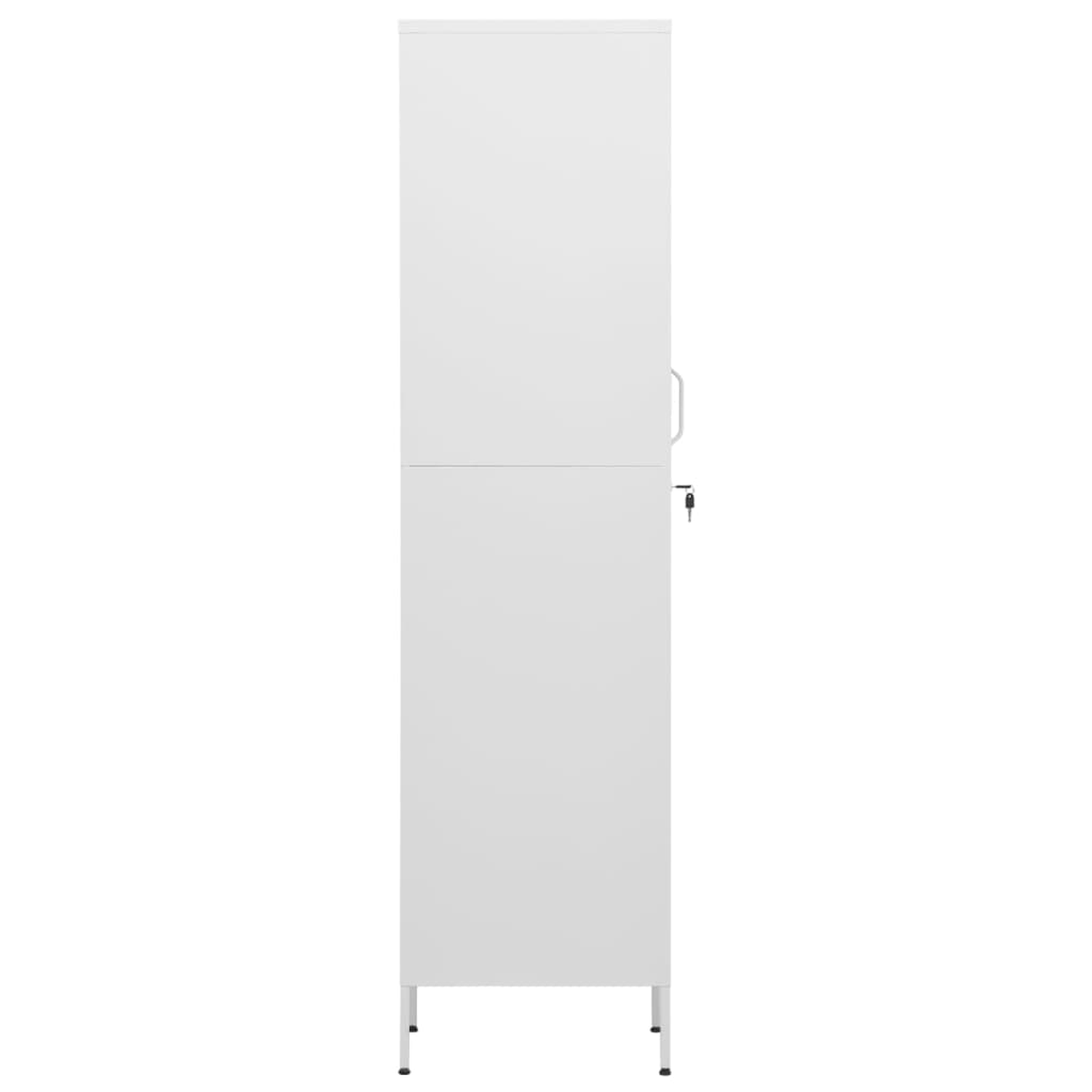 Hoher weißer Schrank mit Tür und Schlüssel. Rechteckige Form. Weißes Metall-Finish. Einfaches Design.