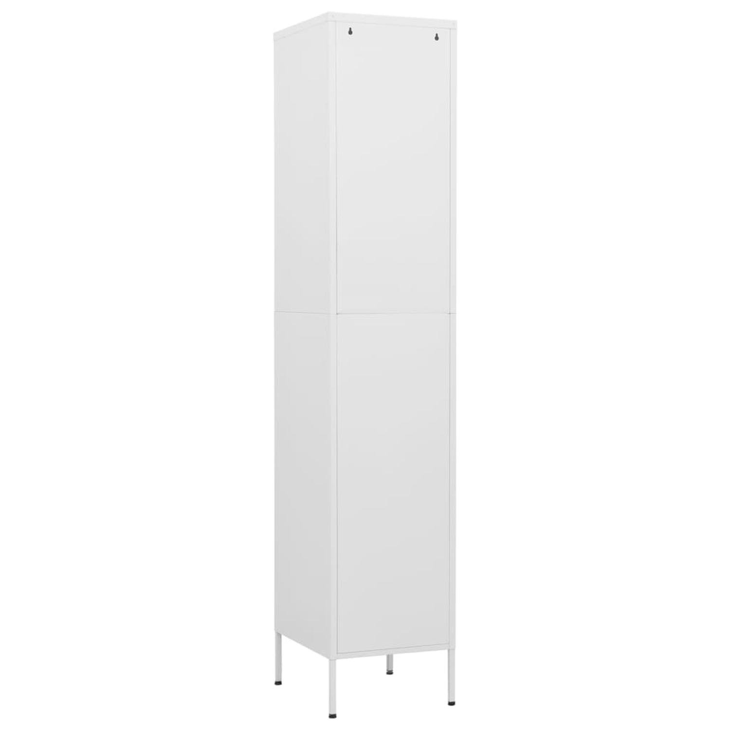 Hoher weißer Schrank mit schlichtem Design, stehend auf Metallbeinen.