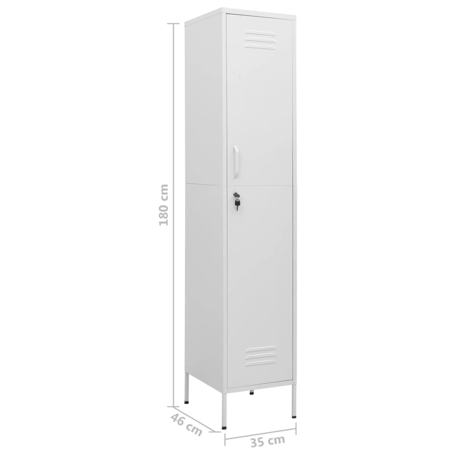 Hoher, weißer Metallschrank. 180 cm hoch, mit Griff, Schlüsselloch und Lüftungsschlitzen.
