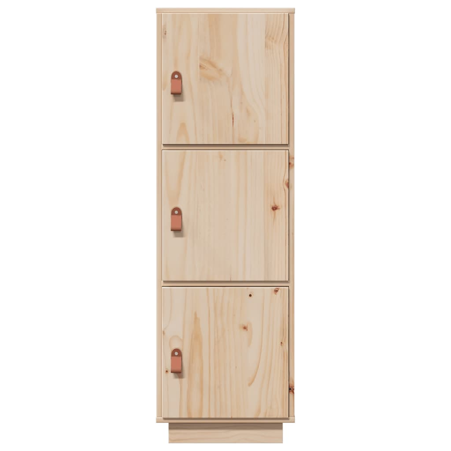 Holzschrank mit drei Türen. Jede Tür hat einen Ledergriff. Der Schrank steht vor weißem Hintergrund.